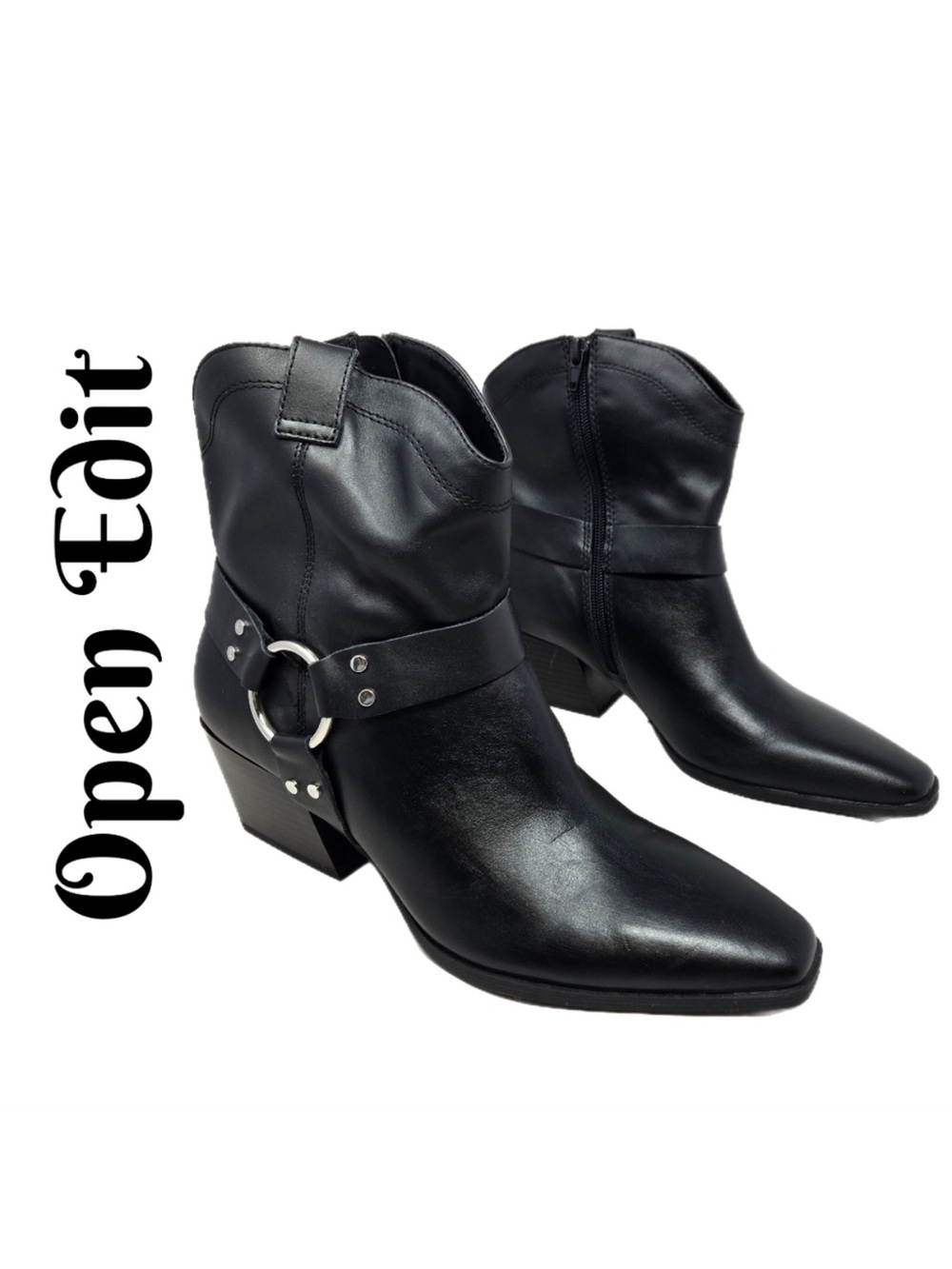 Open Edit Womens Enzo Western Flare Boots Sz 8.5M Black Leather Side Harness